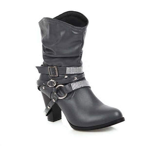 Women'S Chunky Heel Rhinestone Belt Buckle Round Toe Boots 02680696C