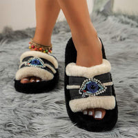 Women's Furry Slide Sandals with Thick Sole and Rhinestones 14903230C