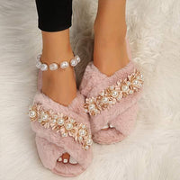 Women's Pearl Floral Furry Slippers 54991344C