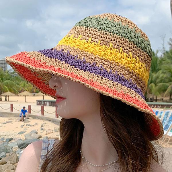 Woven Foldable Bohemian Seaside Rainbow Colorblock Bucket Hat 06016951C