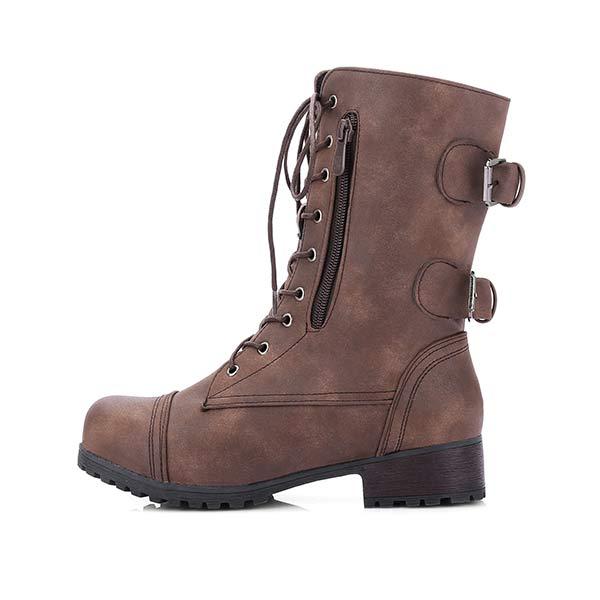 Women's Casual Low Heel Mid-Calf Boots with Side Zipper and Buckled Straps 34074097C