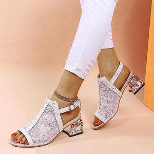 Women's Casual Lace Sequin Block Heel Sandals 77522848S