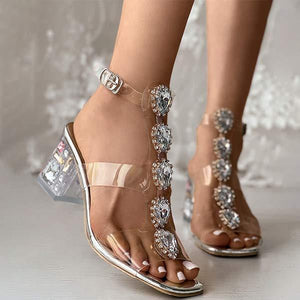 Women's Silver Rhinestone High Heel Sandals with Chunky Heel 07717404C