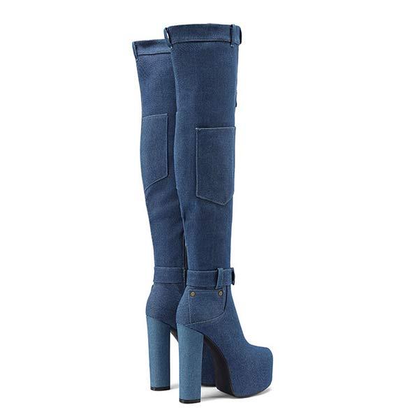 Women's Denim Fabric Side-Zip Waterproof Platform Chunky High Heel Over-the-Knee Boots 48616936C