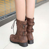 Women's Casual Low Heel Mid-Calf Boots with Side Zipper and Buckled Straps 34074097C