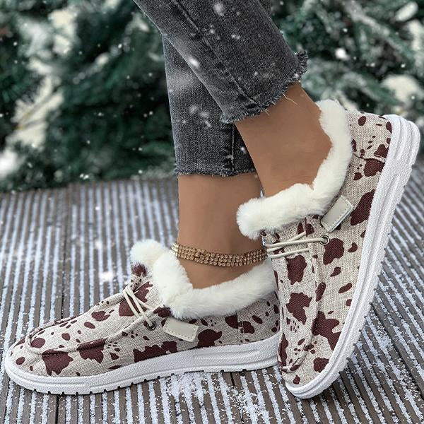 Women's Casual Cow Pattern Fur-lined Flat Shoes 57980294S