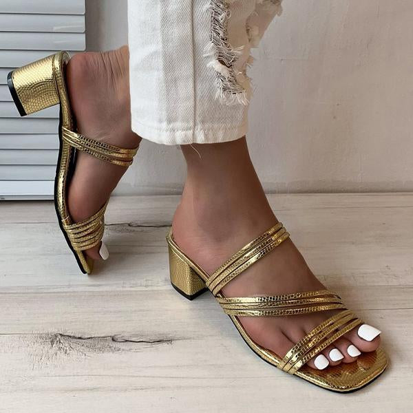 Women's Fashionable Gold Block Heel Square Toe Sandals 79474500S