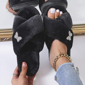 Women's Fur Slippers Cross Fur Butterfly Indoor Home Slippers 84227399C