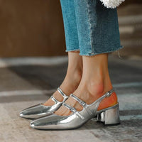 Women's Vintage Chunky Heel Silver Mary Janes 09863705C