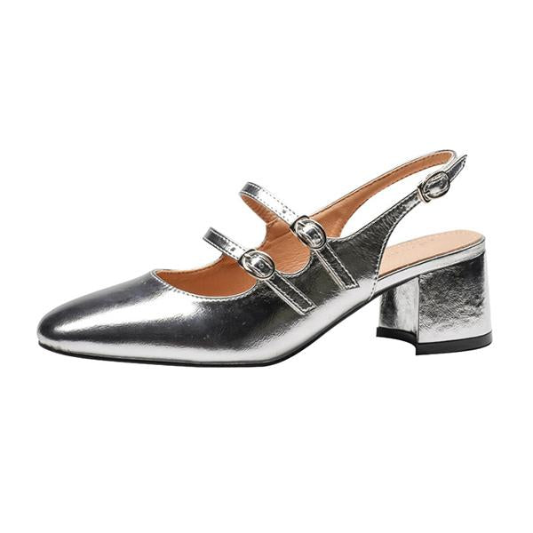 Women's Vintage Chunky Heel Silver Mary Janes 09863705C