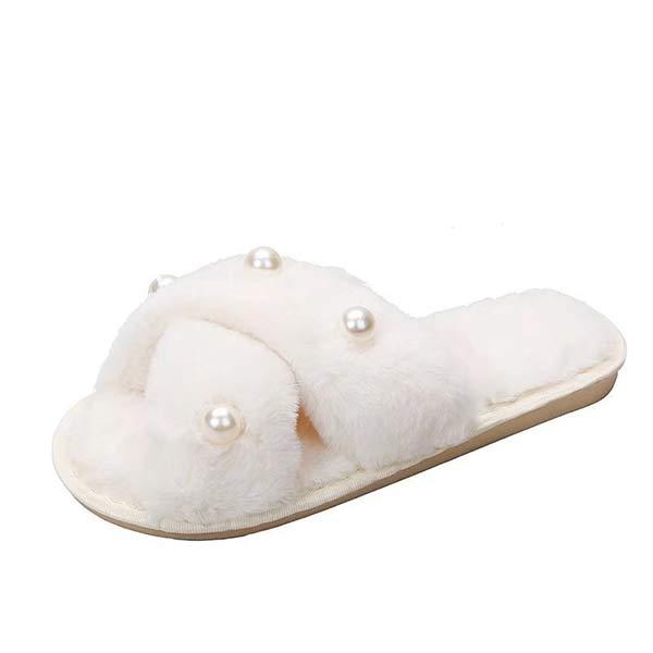 Women's Pearl Cross Strap Furry Slippers 06636125C