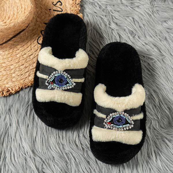 Women's Furry Slide Sandals with Thick Sole and Rhinestones 14903230C