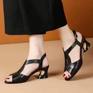Women's Fish Mouth Breathable Hollow Thick Heel Medium Heel Sandals 10234553C