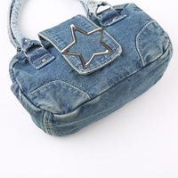 Women's Fashion Metal Five-Pointed Star Denim Shoulder Bag 53770221S
