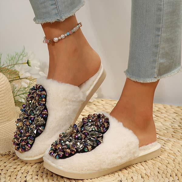 Women's Rhinestone-Embellished Furry Slippers with Closed Toes 60338194C