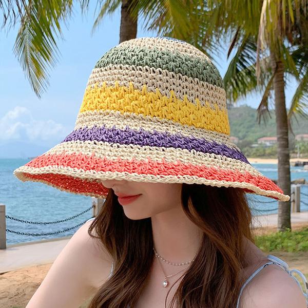 Woven Foldable Bohemian Seaside Rainbow Colorblock Bucket Hat 06016951C