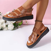Women's Thick Sole Round Toe Cracked Leather Ankle Strap Sandals 82550140C