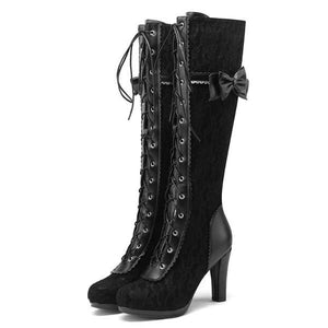 Women's High Heel Lace-Up Boots with Bow Tie and High Shaft 75942231C