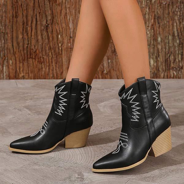 Women's Pointed Toe Embroidery Chunky Heel Short Martin Boots 90801441C