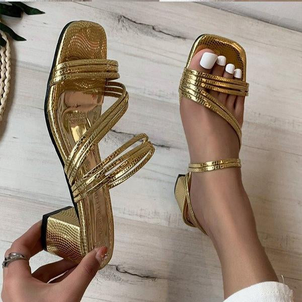 Women's Fashionable Gold Block Heel Square Toe Sandals 79474500S