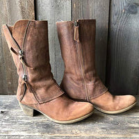 Women'S Medium Chunky Heel Side Zip Leather Boots 75581367C