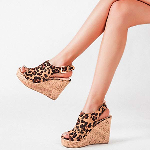 Women'S Wedge Leopard Print Platform Fish Mouth Retro Sandals 67836216C