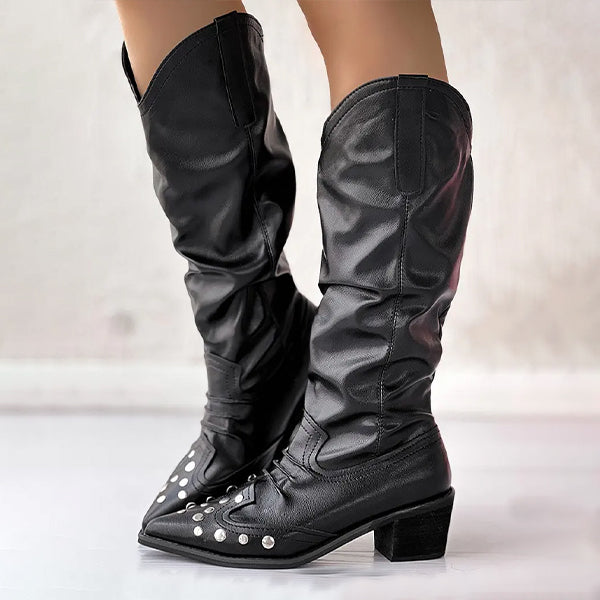 Women's Fashion Retro Pointed Toe Rivet Rider Boots 12893236S