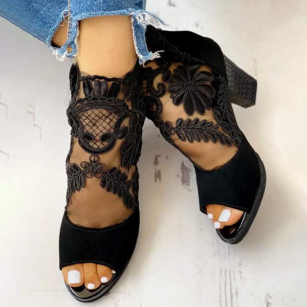 Women'S Chunky Heel Open Toe Lace Sandals 29617810