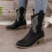 Women's V-Cut Embroidered Knee-High Boots with Chunky Heel 54360089C