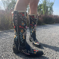 Women's Pointed Toe Low Heel Mid-Calf Boots with Embroidered Shaft 37889004C
