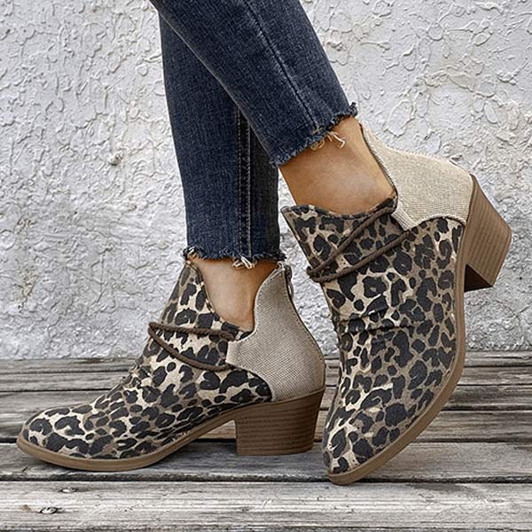 Women'S Leopard Print Chunky Heel Crinkle Booties 03080357