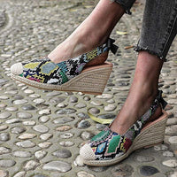 Women's Snake Print Bow Slip-On Wedge Sandals 20200318C
