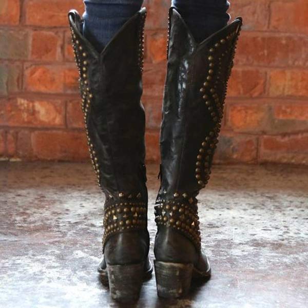 Women's Metal Stud Chunky Heel High Boots 49465289C