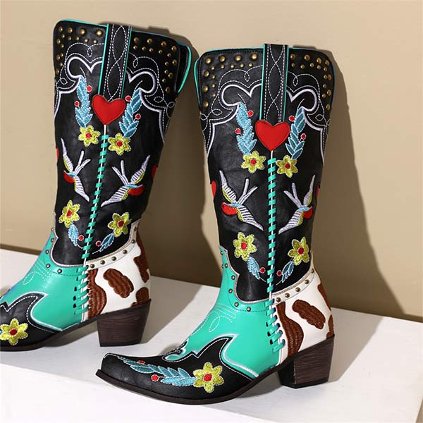 Women'S Mid Heel Embroidered Tall Boots 68003038C
