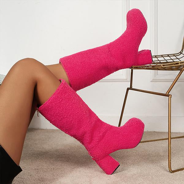 Women's Fashionable Plush Block Heel High Boots 54402570S