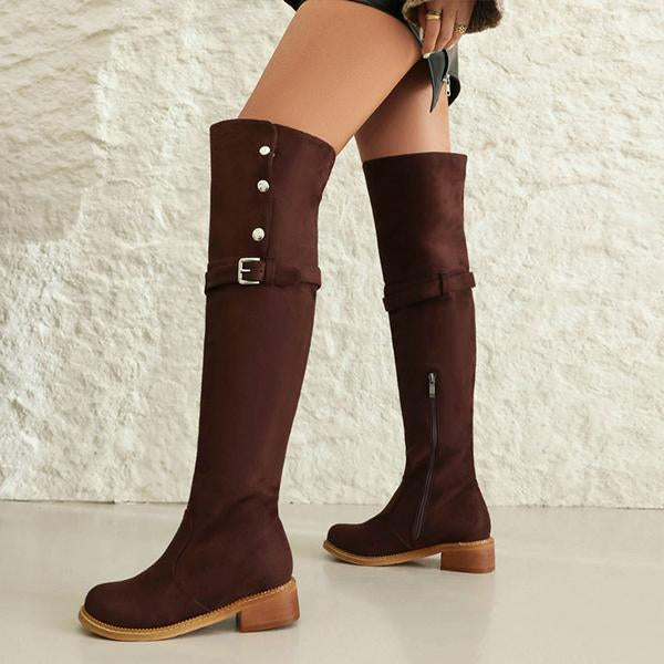 Women's Casual Suede Buckle Studded Over-the-Knee Boots 04023737S