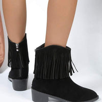 Women's Vintage Fringed Boots with Square Heels Ankle Boots 24150724C