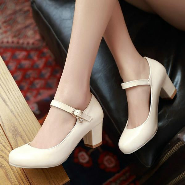Women's Buckle Shallow Mouth Block Heel Round Toe Shoes 37881995C