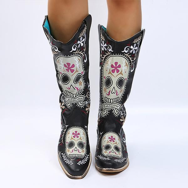 Women's Vintage Black Skull Embroidery Print Tall Boots 86622106S