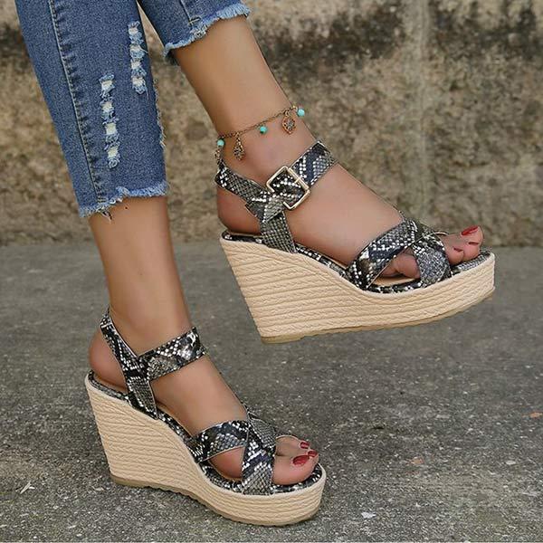 Women's Buckle Wedge Sandals with Snake Print and Thick Sole 54370794C