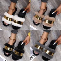 Women's Flat Fashionable Casual One-Strap Sequin Furry Slide 28147939C