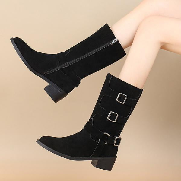 Women's Fashion Suede Metal Buckle Mid Calf Boots 14513081S