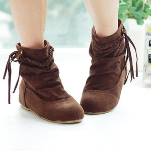 Women's Casual Fringe Braided Suede Flat Short Boots 75402416S