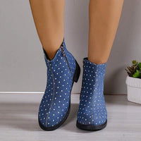 Women's Round-Toe Side-Zip Canvas Chunky Heel Martin Boots 68277252C