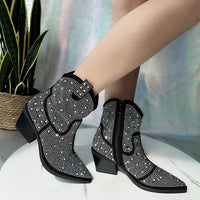 Women's Fashion Pointed Toe Chunky Heel High Heel Rhinestone Low Boots 89483686C