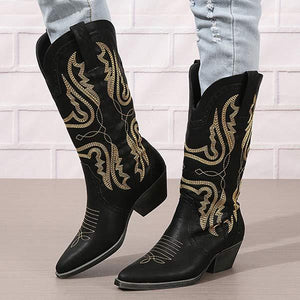 Women's Embroidered Chunky Heel Mid-Calf Boots 93259013C