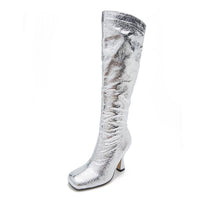 Women's Fashionable Glossy Square Toe Knee-high Boots 71813772S