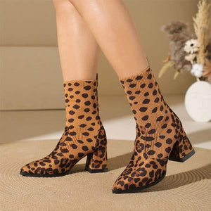Women's Pointed-Toe Mid-Heel Short Elastic Sock Boots 13853652C