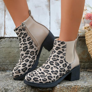 Women's Casual Leopard Print Block Heel Short Boots 72117359S