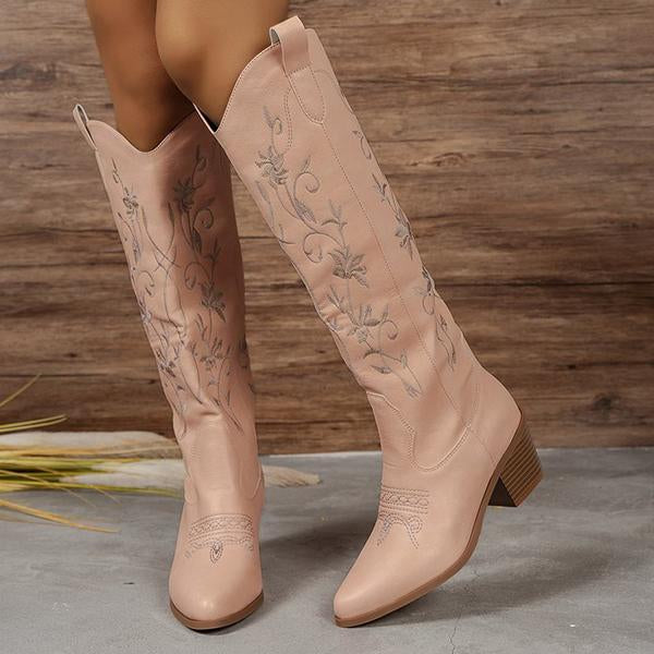 Women's Retro Embroidered Chunky Heel Knee-High Knight Boots 12396498S